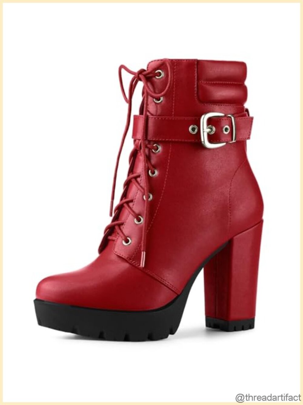 Women's Faux Leather Platform Ankle Boots Lace Up Chunky Block Heel Combat